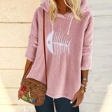 Fish Bone Embroidery Hoodies Cute Plush Long Sleeve Women's