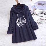 Fish Bone Embroidery Hoodies Cute Plush Long Sleeve Women's
