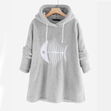 Fish Bone Embroidery Hoodies Cute Plush Long Sleeve Women's