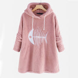 Fish Bone Embroidery Hoodies Cute Plush Long Sleeve Women's